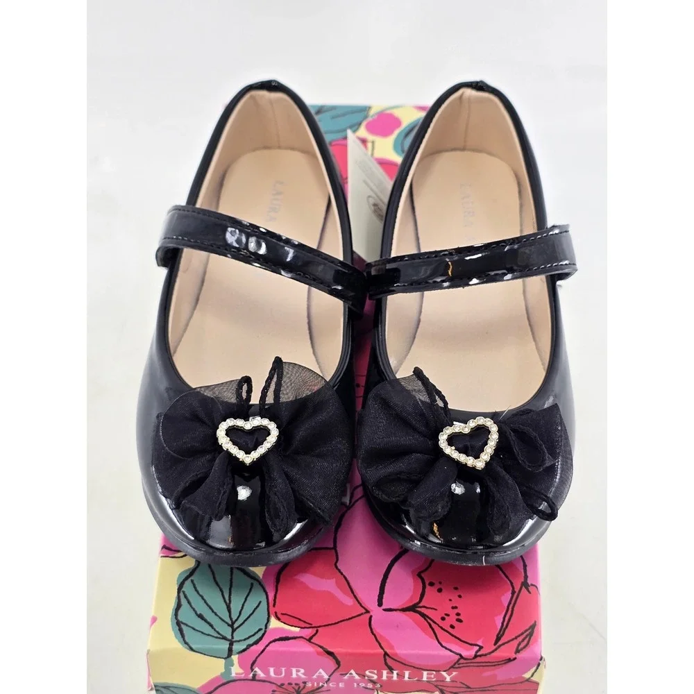 Laura Ashley Dress Shoes Girls Size 11 Black Patent Bow Heart LA100218 - New
